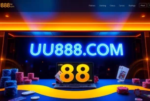 Visually appealing online casino platform with "UU88 COM" branding, featuring chips, cards, and digital interface elements to attract users.