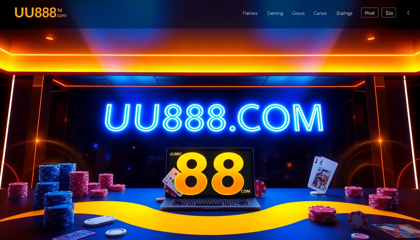 Visually appealing online casino platform with "UU88 COM" branding, featuring chips, cards, and digital interface elements to attract users.