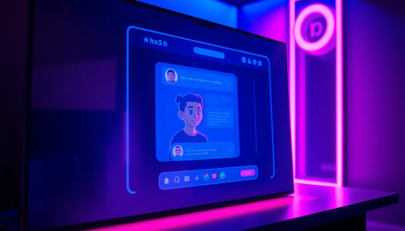 Futuristic AI chat interface with animated adult avatars in a neon-lit digital environment.