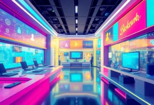 KJC logo integrated into a digital network, symbolizing global connectivity and technological leadership in the entertainment industry, with visual elements representing innovation and trust.
