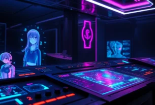 Futuristic AI interface with holographic anime and realistic characters in a dark room with neon accents.