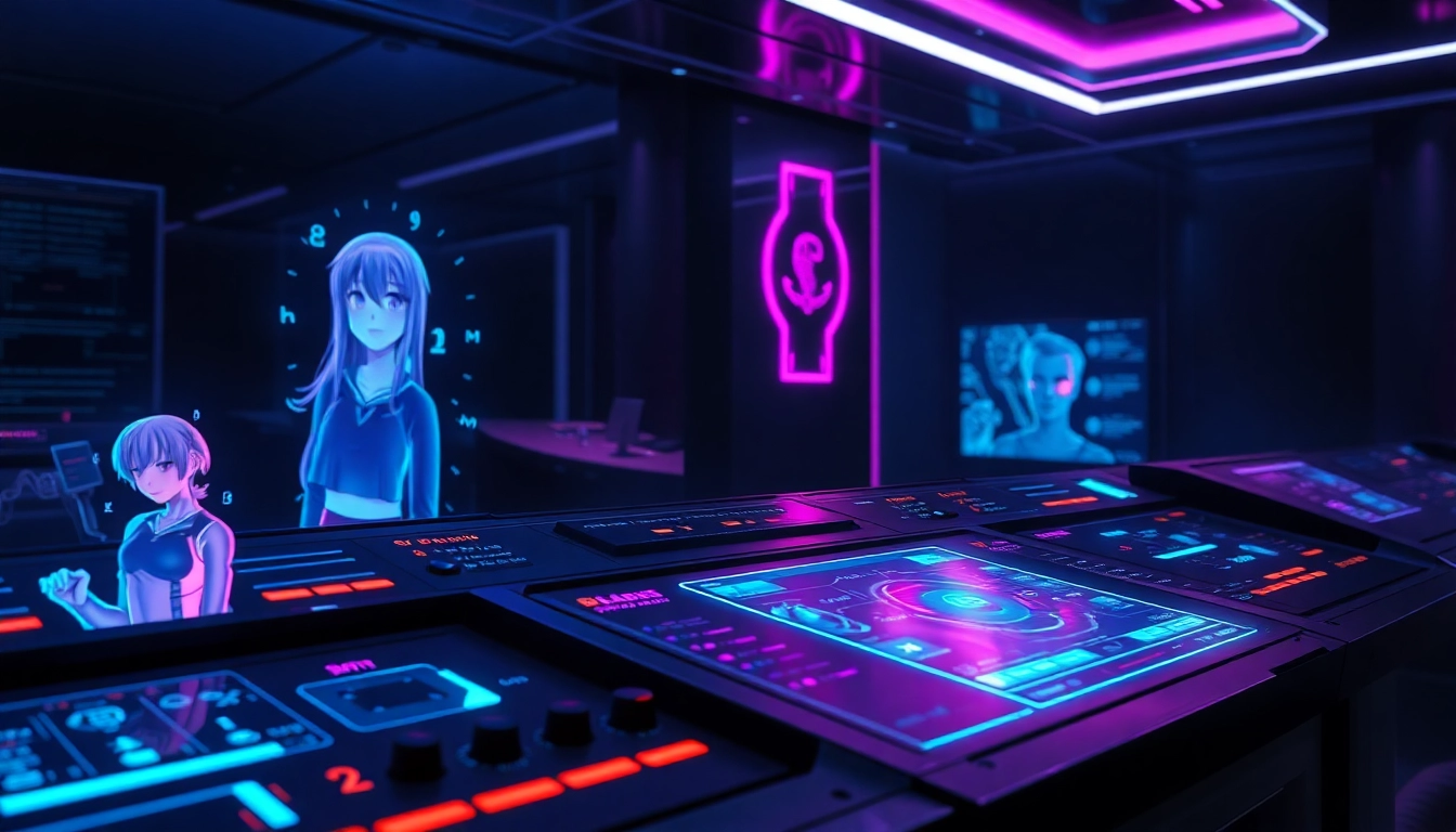 Futuristic AI interface with holographic anime and realistic characters in a dark room with neon accents.
