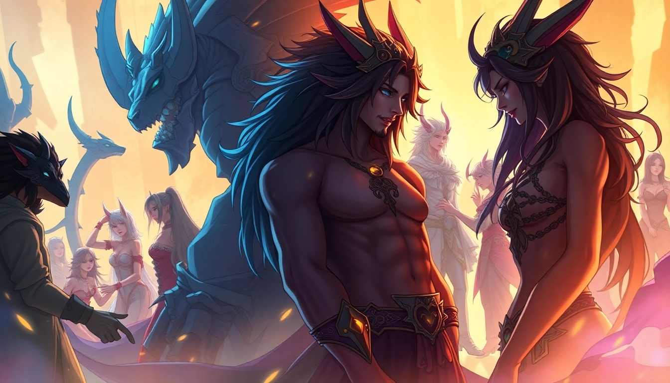 Illustration of diverse characters in an Omegaverse scene with fantasy elements and atmospheric lighting.