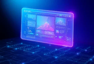 Futuristic AI interface with holographic image editing displays in neon colors.