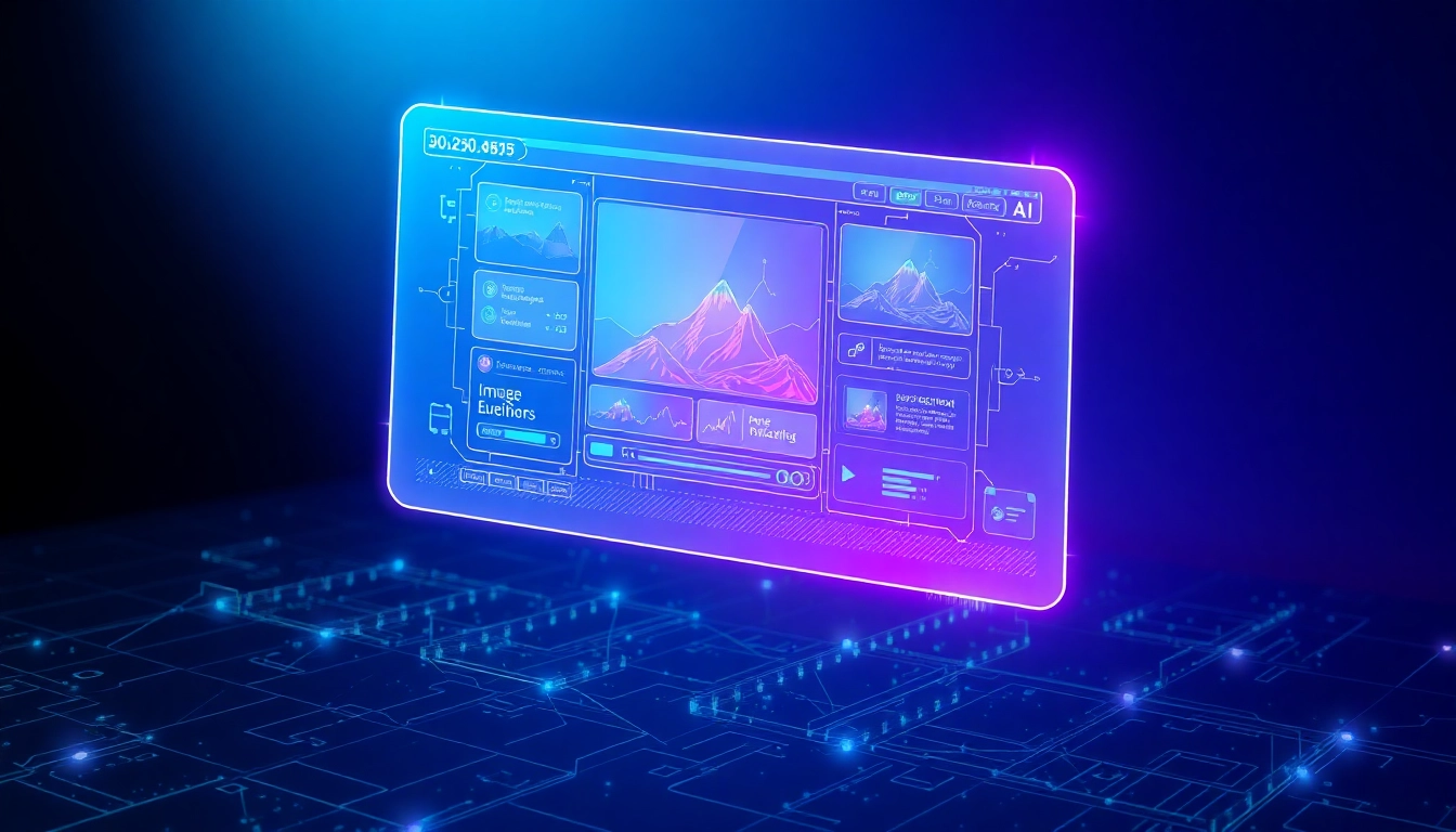 Futuristic AI interface with holographic image editing displays in neon colors.