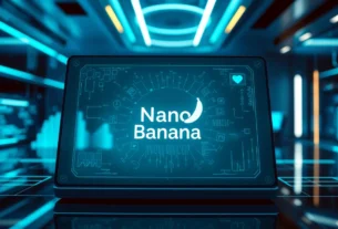 A futuristic digital workspace with a holographic Nano Banana logo and advanced AI interface elements.
