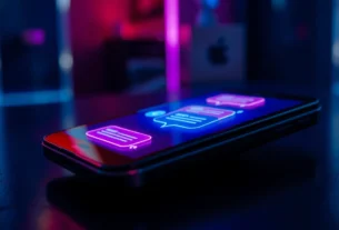 Close-up of a high-tech device displaying an adult AI chat interface with neon-colored chat bubbles.