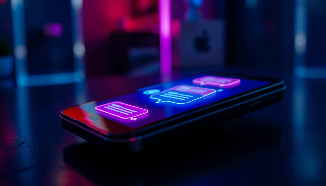 Close-up of a high-tech device displaying an adult AI chat interface with neon-colored chat bubbles.