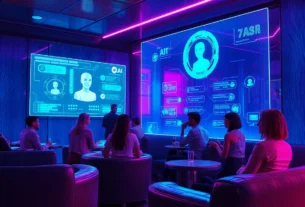Futuristic AI chatbot lounge with adults engaging in conversation and neon lighting effects.