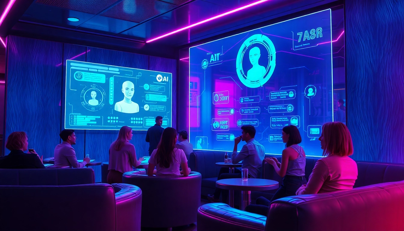 Futuristic AI chatbot lounge with adults engaging in conversation and neon lighting effects.