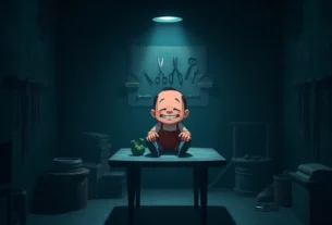 A disturbing scene of Harvey with a forced smile in a dark room, surrounded by upgrade tools, highlighting the game's unsettling atmosphere.