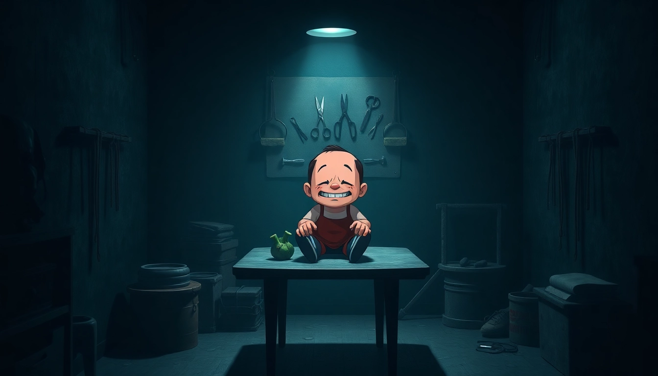 A disturbing scene of Harvey with a forced smile in a dark room, surrounded by upgrade tools, highlighting the game's unsettling atmosphere.