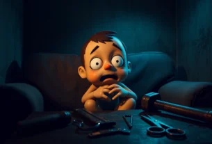 A distressed cartoon character sitting on a sofa with tools and bloodstains nearby, in a dark, moody room.
