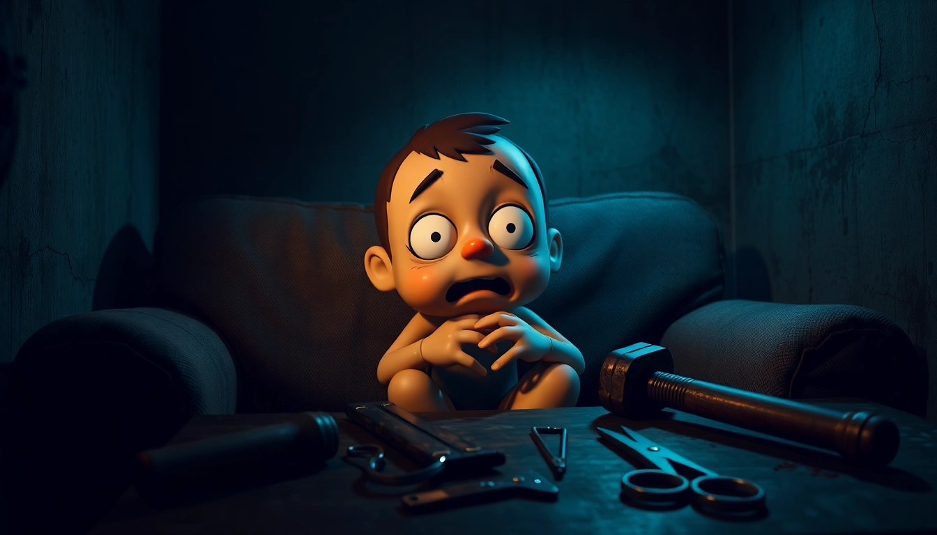 A distressed cartoon character sitting on a sofa with tools and bloodstains nearby, in a dark, moody room.