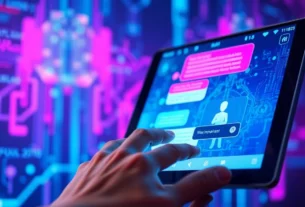 Close-up of a user interacting with an AI chatbot on a modern digital screen with colorful chat bubbles and futuristic background.