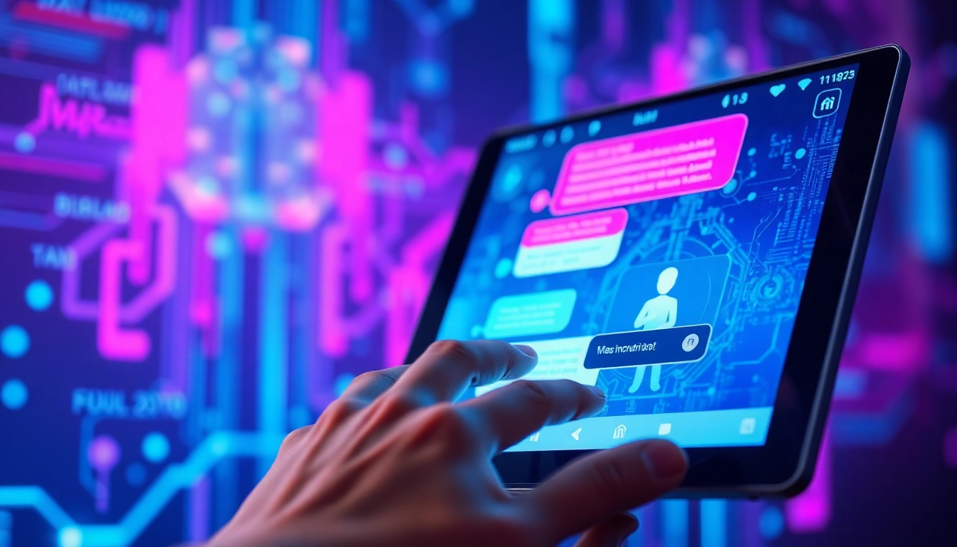 Close-up of a user interacting with an AI chatbot on a modern digital screen with colorful chat bubbles and futuristic background.