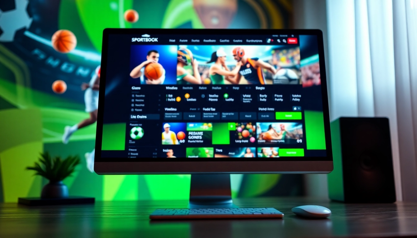 Digital sportsbook and casino platform with sports imagery and betting interface on a computer screen.