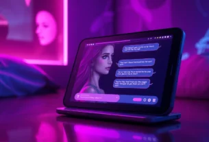 Futuristic chat interface on a device screen with a seductive AI character in a neon-lit cyberpunk setting.