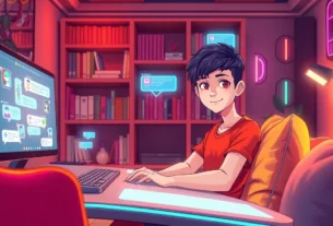 A modern, cozy room with a youthful character interacting with a digital chatbot interface, illuminated by warm and neon lighting.