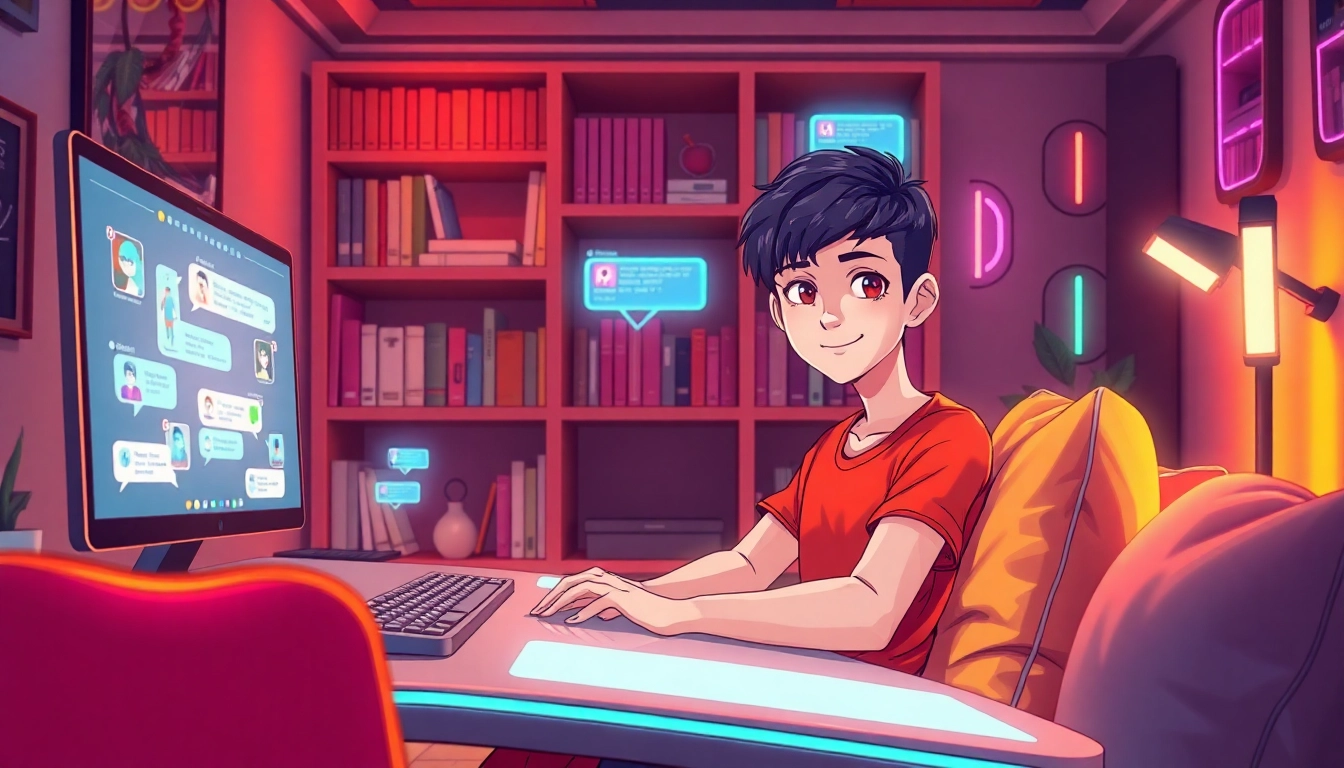A modern, cozy room with a youthful character interacting with a digital chatbot interface, illuminated by warm and neon lighting.