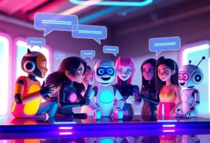 Digital illustration of diverse AI characters engaging in group chat in a vibrant, futuristic environment.