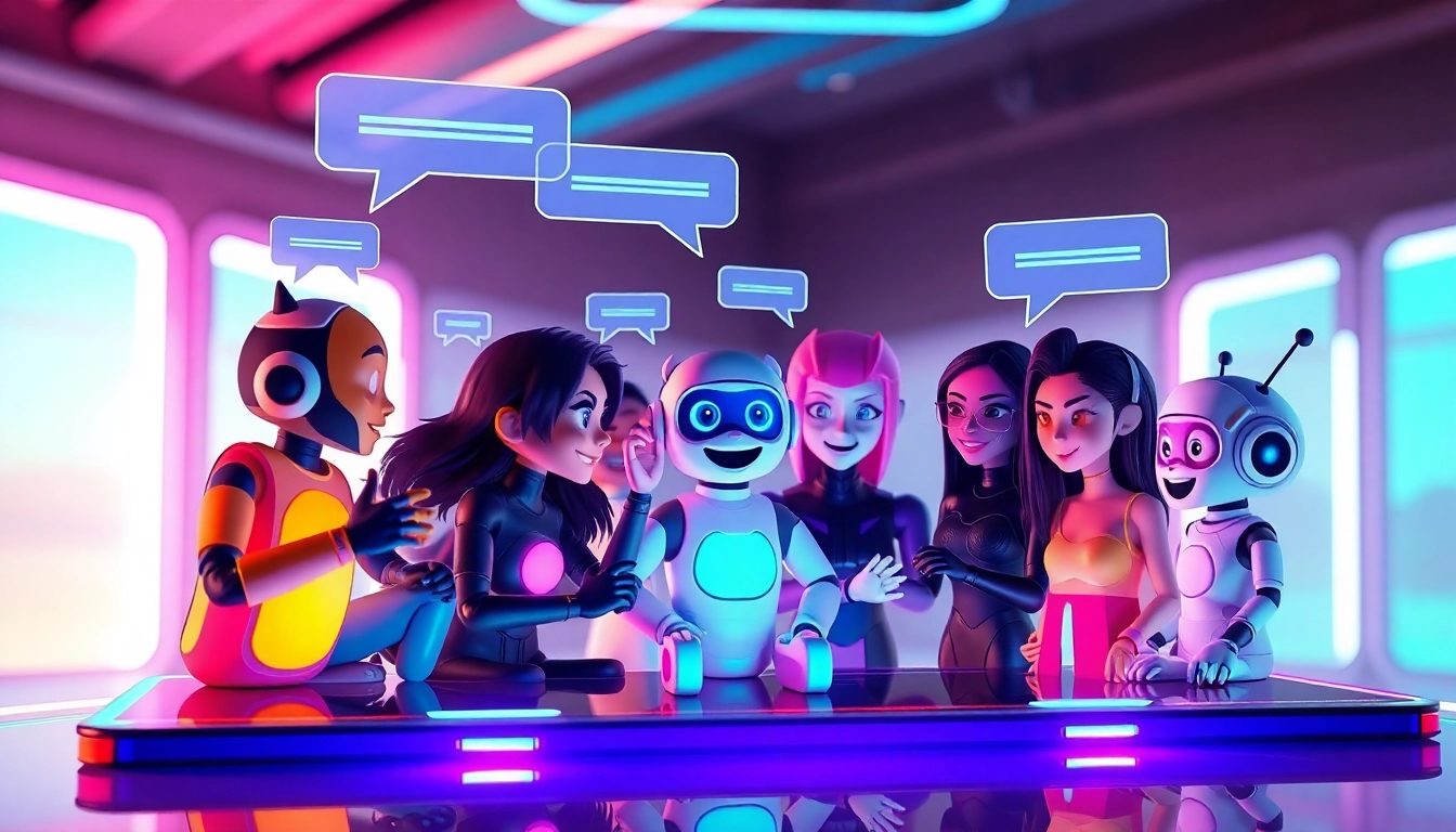 Digital illustration of diverse AI characters engaging in group chat in a vibrant, futuristic environment.