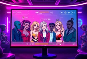 An illustration of a modern chat interface with animated AI characters in a neon-lit lounge setting, conveying a seductive and playful atmosphere.