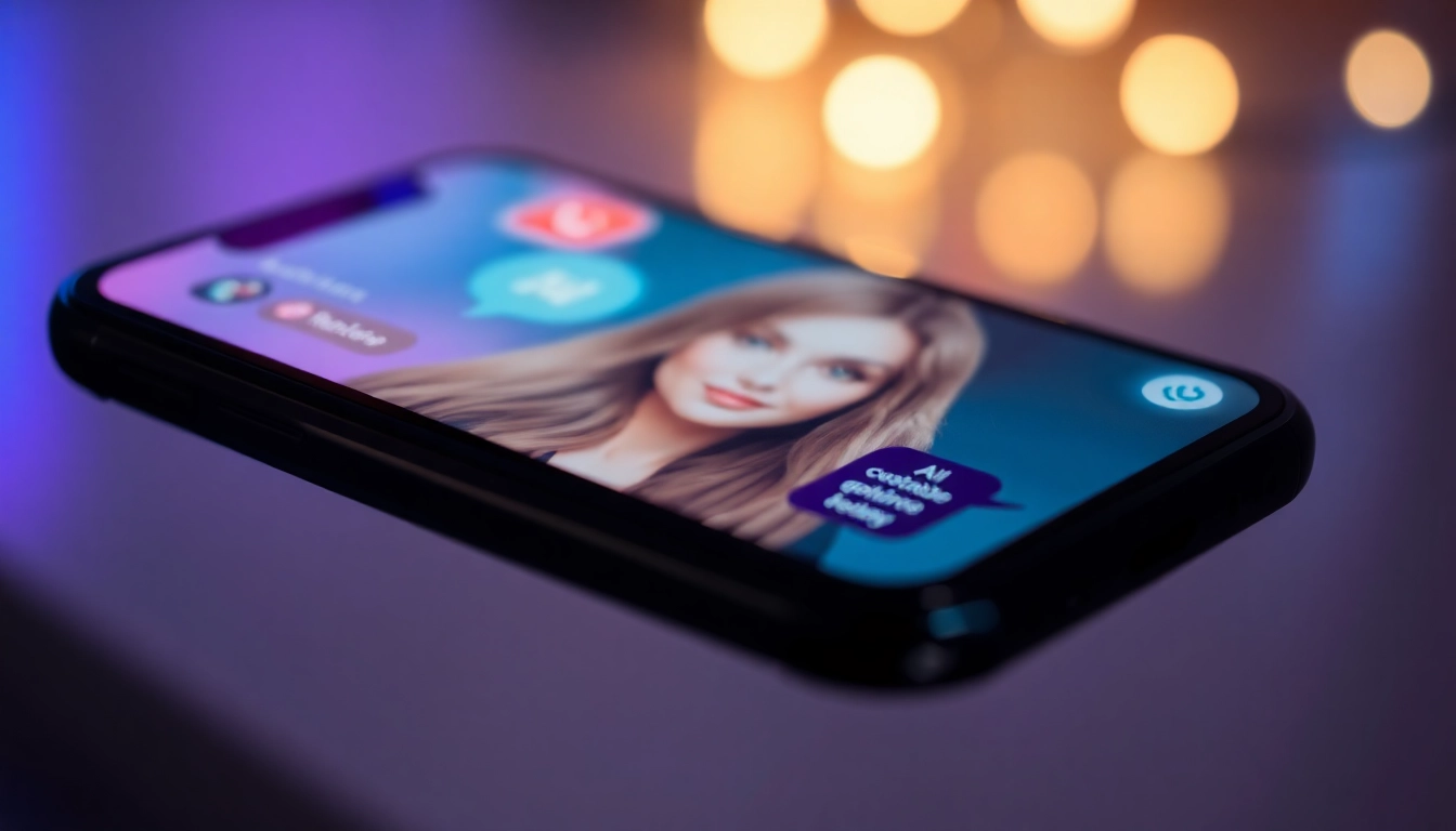 AI girlfriend engaging in realistic conversation on a sleek smartphone screen, emphasizing personalization and emotional connection.