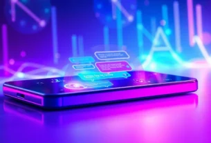 Futuristic digital chat interface with glowing text bubbles and neon background representing AI conversation