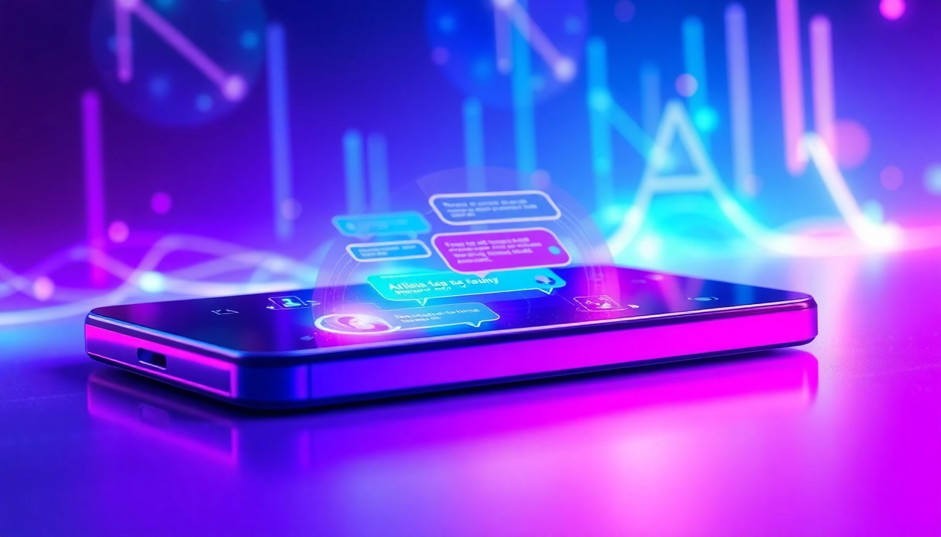 Futuristic digital chat interface with glowing text bubbles and neon background representing AI conversation
