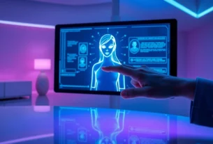 A person interacting with a holographic AI girlfriend interface in a modern room, illuminated by blue and purple lighting.