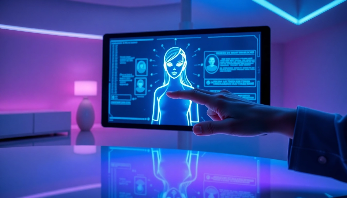 A person interacting with a holographic AI girlfriend interface in a modern room, illuminated by blue and purple lighting.