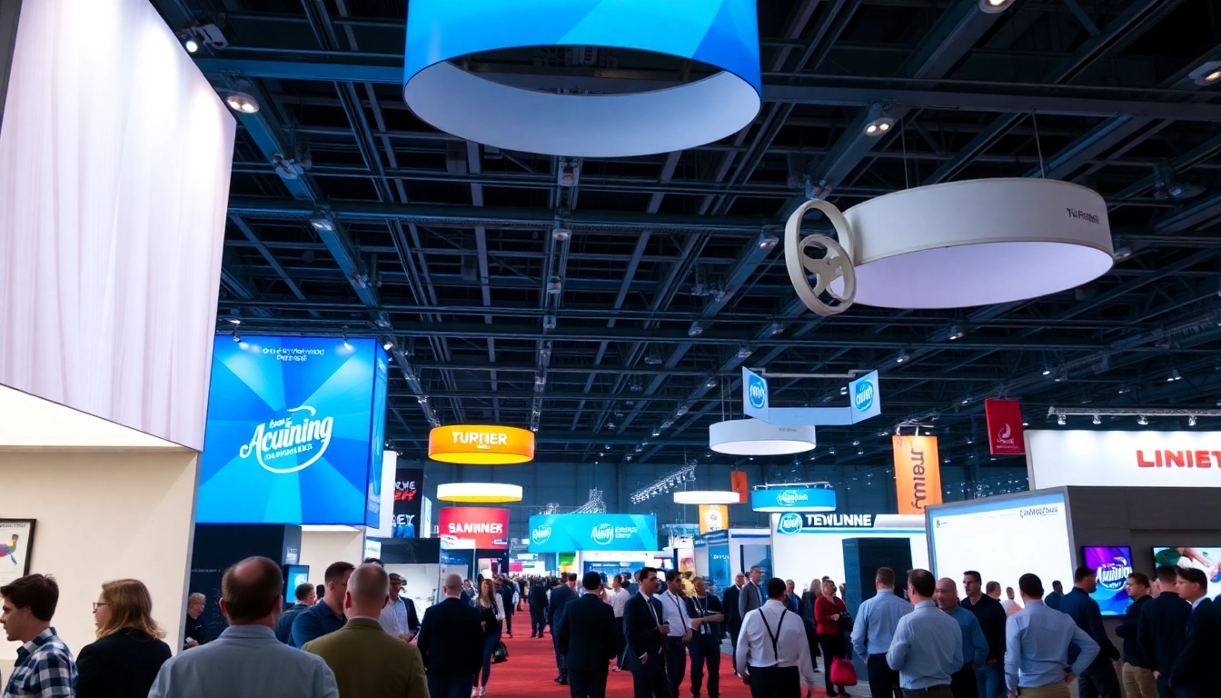Trade show displays showcase eye-catching booths attracting attendees at a busy event floor