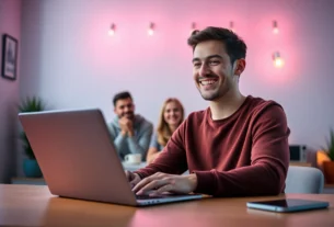 Engaging gay chat scene with smiling man connecting online for friendship and conversation