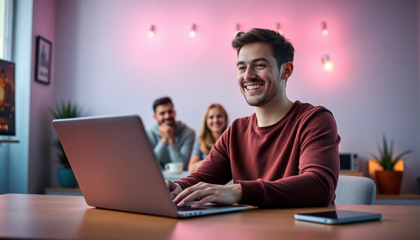 Engaging gay chat scene with smiling man connecting online for friendship and conversation