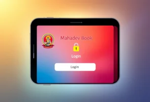 Illustration of Mahadev book login process on a smartphone with secure transaction symbols and
