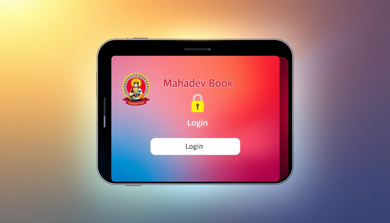 Illustration of Mahadev book login process on a smartphone with secure transaction symbols and