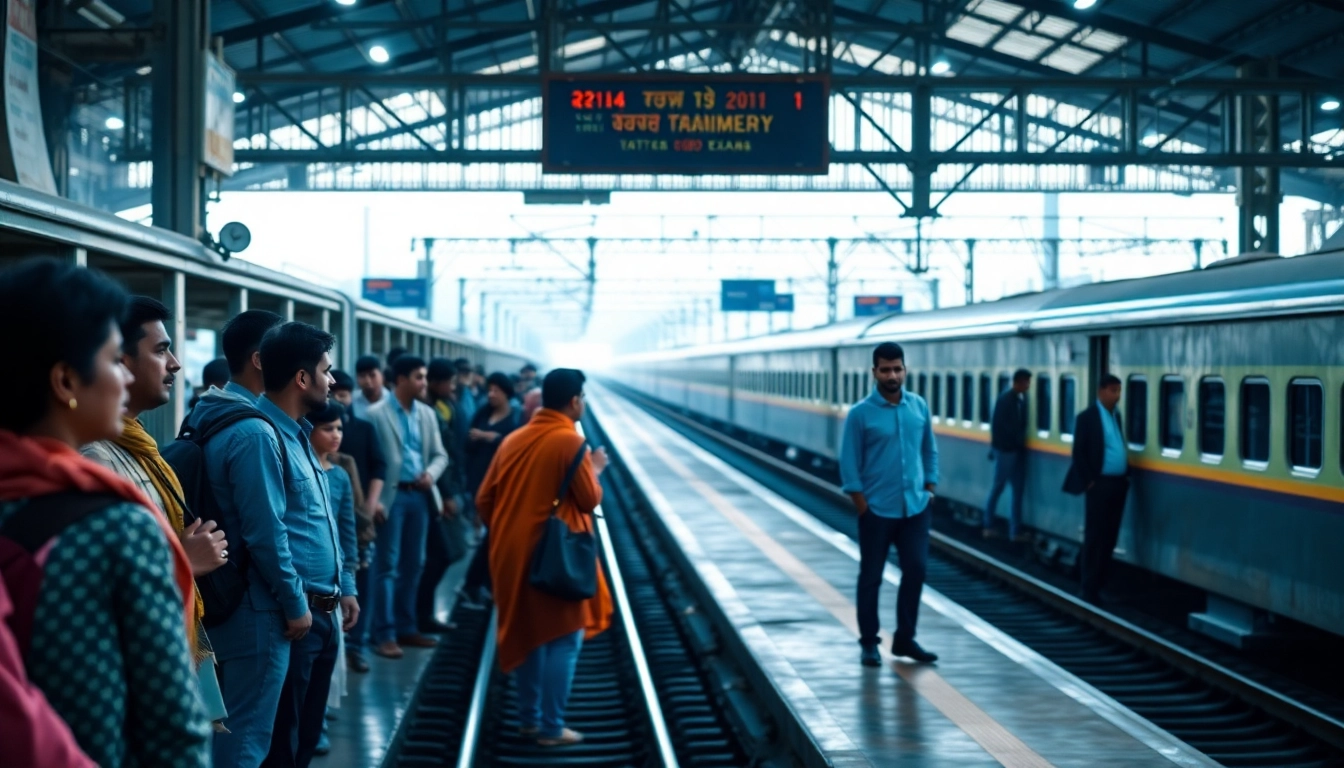 Railway Jobs candidates preparing at station with railway tracks and signage highlighting exam