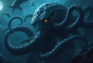 Ancient kraken emerging from deep ocean with massive tentacles and glowing eyes, create a