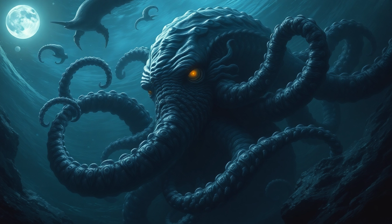 Ancient kraken emerging from deep ocean with massive tentacles and glowing eyes, create a