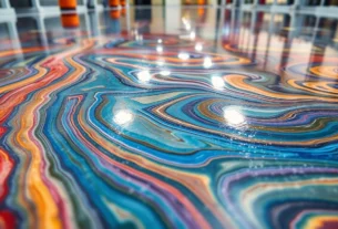 Professional installing epoxy resin floor with bright lighting highlighting smooth, durable