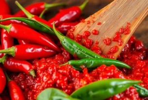 Vibrant red chillies used to make Extra Hot Fresh Red Chilli Paste in a rustic kitchen setting