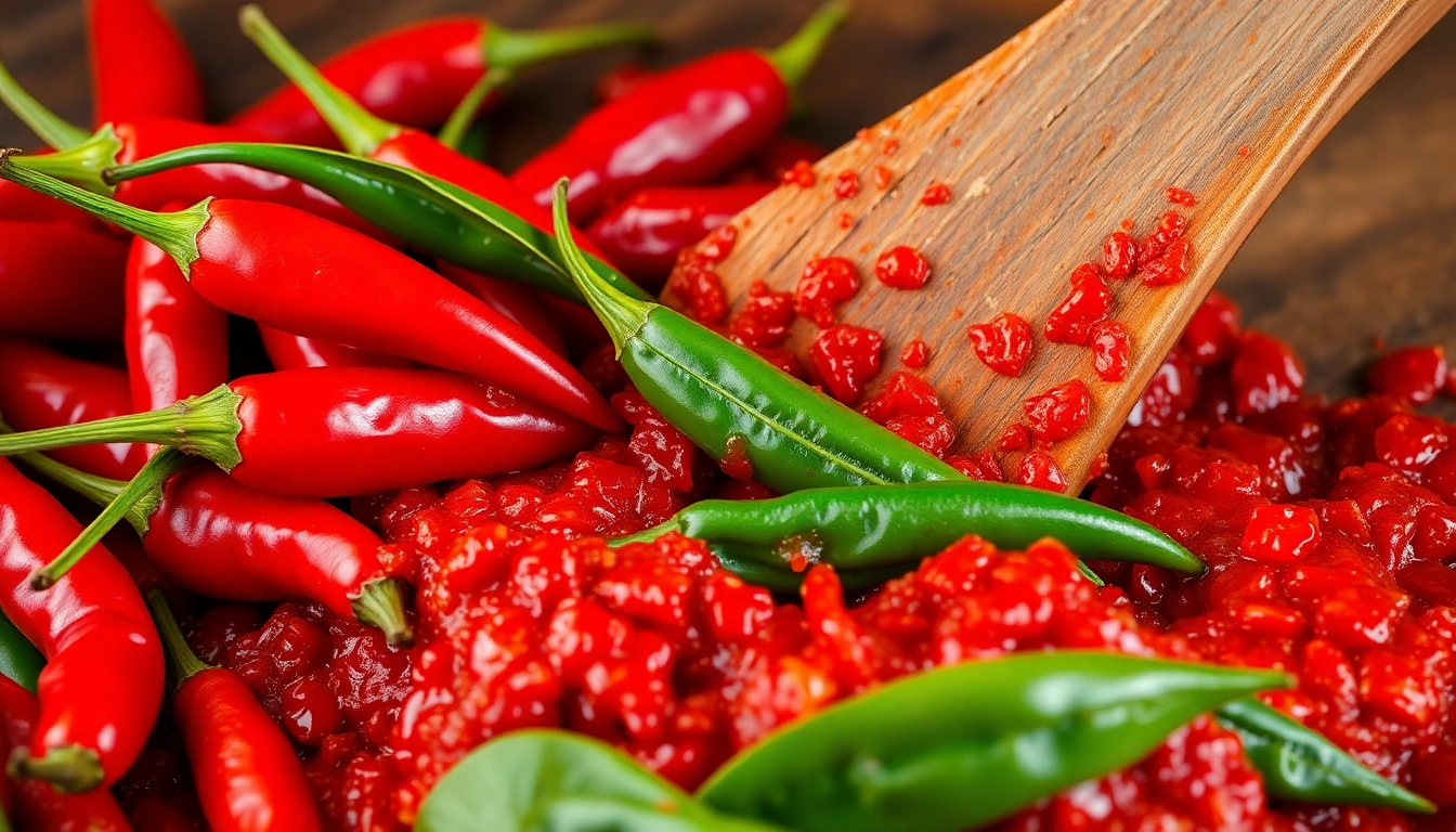 Vibrant red chillies used to make Extra Hot Fresh Red Chilli Paste in a rustic kitchen setting
